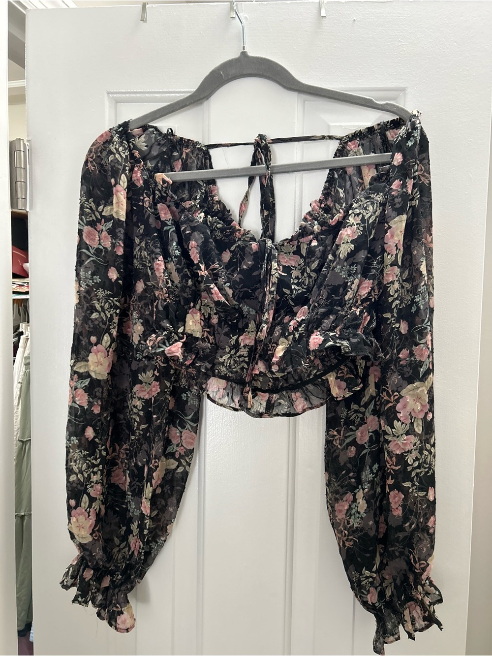 Altar'd State Black Floral Off-Shoulder Tie-Back Crop Blouse